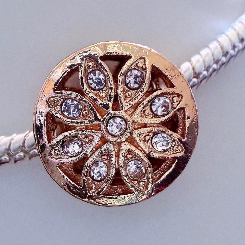 Pandora-like Bead Charm Fits Snake Chain Bracelet Rose Gold Flower Crystal